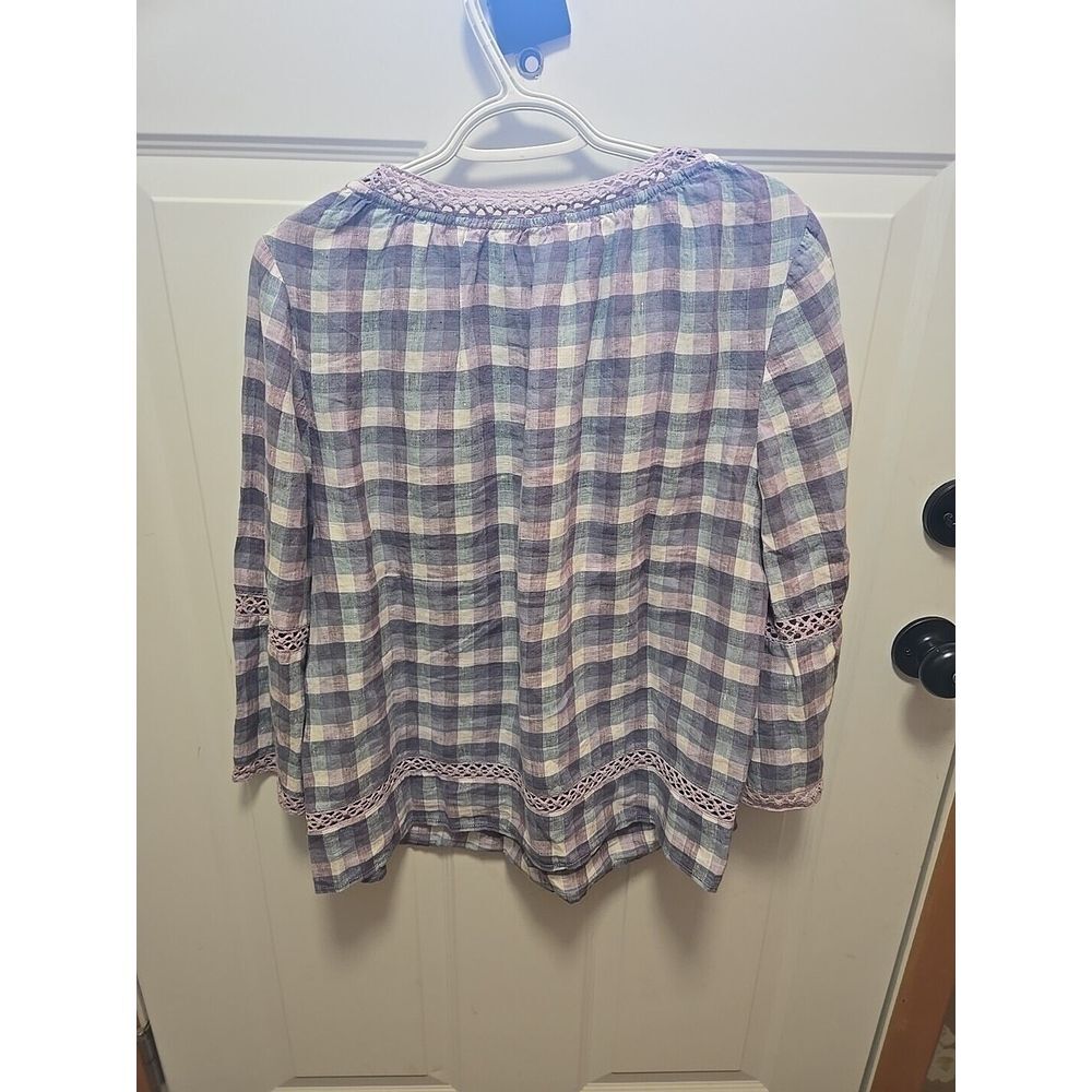 Chicos Size 2 Shirt Blue Plaid Linen Blouse V-Neck Loose‎ Bell Sleeve Womens L - Picture 3 of 7
